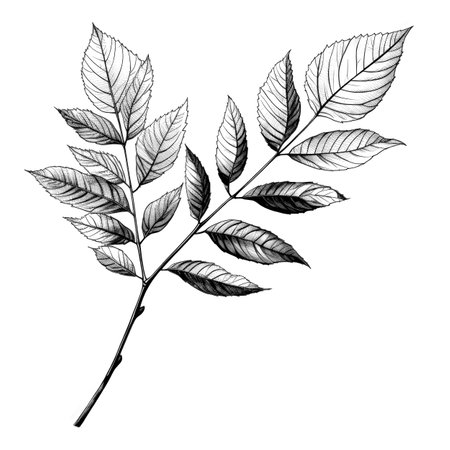 Black and white illustration of decorative tree branch with leaves. in sketch, ink style. Made with Generative AIの素材