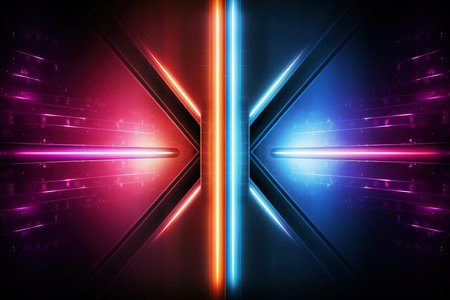 Arrows and geometrical shapes shining with neon lights. Abstract background with vibrant gradients. Made with Generative AIの素材