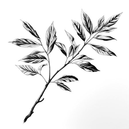 Black and white illustration of decorative tree branch with leaves. in sketch, ink style. Made with Generative AIの素材