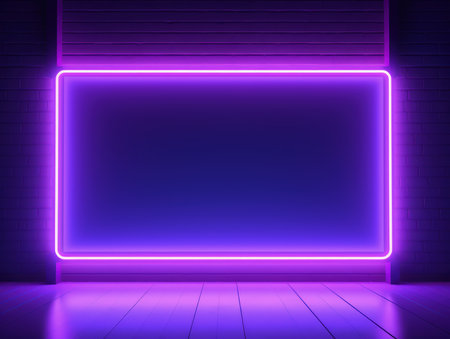Blue, violet and pink glowing neon frame on a brick wall. Modern, trending billboard mockup. Made with Generative AIの素材