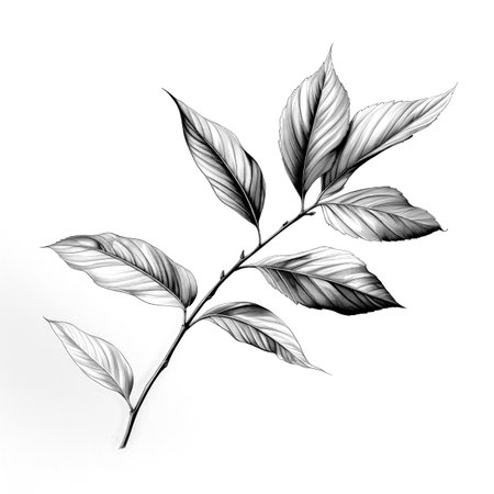 Black and white illustration of decorative tree branch with leaves. in sketch, ink style. Made with Generative AIの素材
