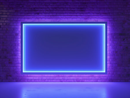 Blue, violet and pink glowing neon frame on a brick wall. Modern, trending billboard mockup. Made with Generative AIの素材