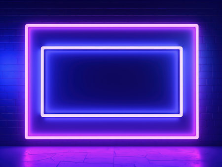 Blue, violet and pink glowing neon frame on a brick wall. Modern, trending billboard mockup. Made with Generative AIの素材