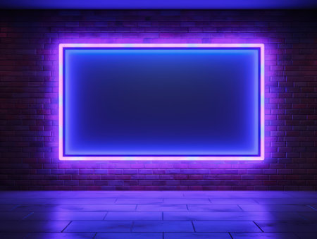 Blue, violet and pink glowing neon frame on a brick wall. Modern, trending billboard mockup. Made with Generative AIの素材