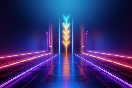 Arrows and geometrical shapes shining with neon lights. Abstract background with vibrant gradients. Made with Generative AIの素材