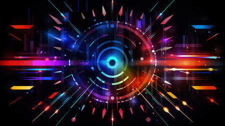 Edgy colorful neon design arrows, circles and geometrical shapes. Abstract modern background with vibrant gradients. Made with Generative AIの素材