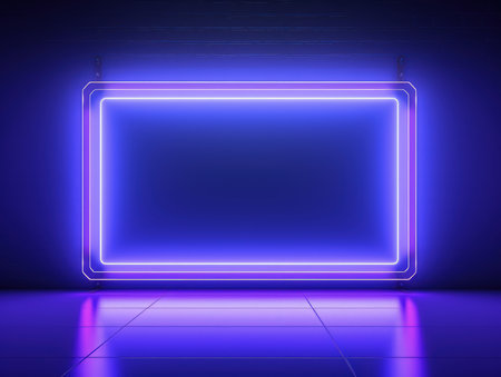 Blue, violet and pink glowing neon frame on a brick wall. Modern, trending billboard mockup. Made with Generative AIの素材