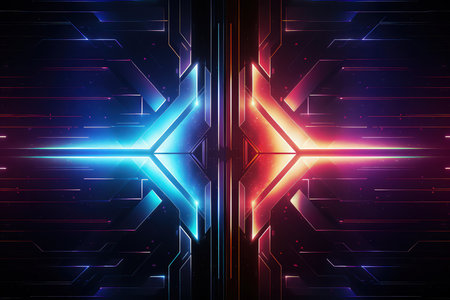 Arrows and geometrical shapes shining with neon lights. Abstract background with vibrant gradients. Made with Generative AIの素材