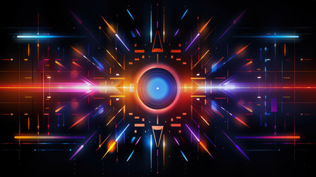 Edgy colorful neon design arrows, circles and geometrical shapes. Abstract modern background with vibrant gradients. Made with Generative AIの素材
