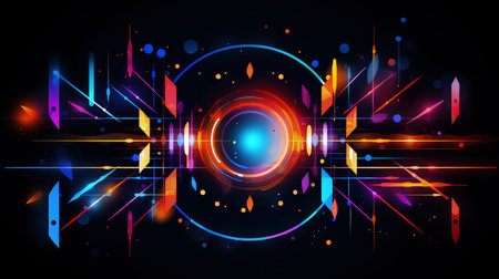 Edgy colorful neon design arrows, circles and geometrical shapes. Abstract modern background with vibrant gradients. Made with Generative AIの素材