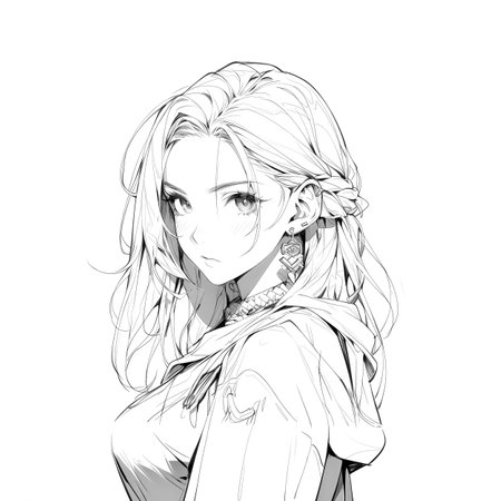 Black and white portrait of anime girl. Coloring pages, sketch. Made with Generative AIの素材