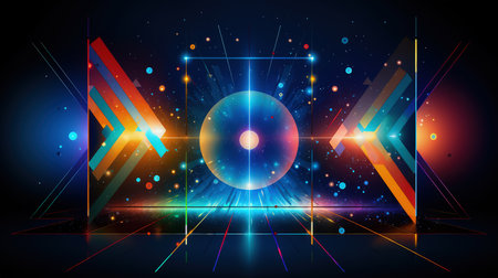 Edgy colorful neon design arrows, circles and geometrical shapes. Abstract modern background with vibrant gradients. Made with Generative AIの素材
