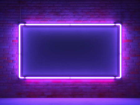 Blue, violet and pink glowing neon frame on a brick wall. Modern, trending billboard mockup. Made with Generative AIの素材