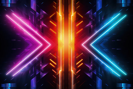 Arrows and geometrical shapes shining with neon lights. Abstract background with vibrant gradients. Made with Generative AIの素材