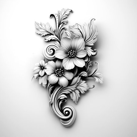 Black and white illustration of decorative flower bouquet. Filigree ornament. In sketch, ink tattoo style. Made with Generative AIの素材