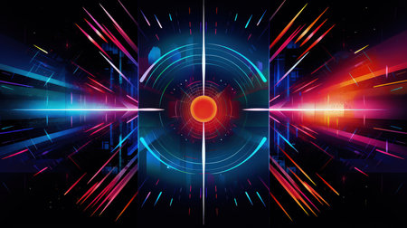 Edgy colorful neon design arrows, circles and geometrical shapes. Abstract modern background with vibrant gradients. Made with Generative AIの素材
