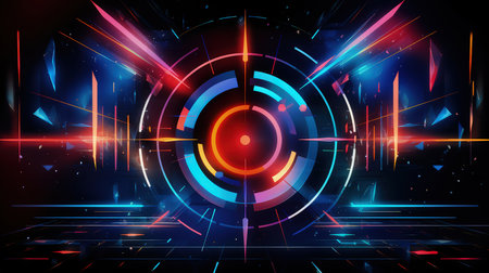 Edgy colorful neon design arrows, circles and geometrical shapes. Abstract modern background with vibrant gradients. Made with Generative AIの素材