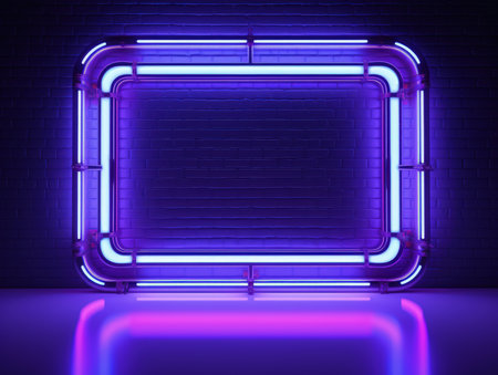 Blue, violet and pink glowing neon frame on a brick wall. Modern, trending billboard mockup. Made with Generative AIの素材