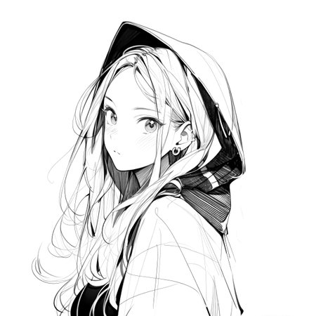 Black and white portrait of anime girl. Coloring pages, sketch. Made with Generative AIの素材
