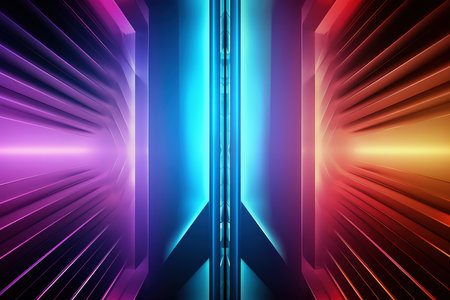 Arrows and geometrical shapes shining with neon lights. Abstract background with vibrant gradients. Made with Generative AIの素材