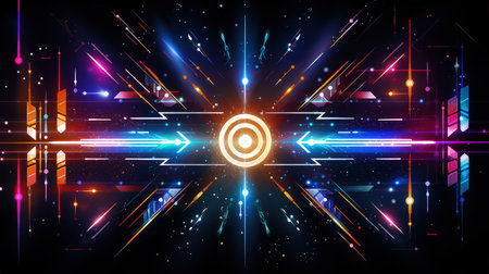 Edgy colorful neon design arrows, circles and geometrical shapes. Abstract modern background with vibrant gradients. Made with Generative AIの素材
