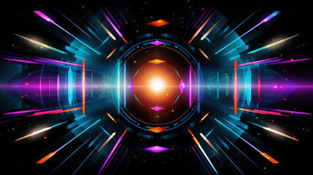 Edgy colorful neon design arrows, circles and geometrical shapes. Abstract modern background with vibrant gradients. Made with Generative AIの素材