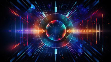 Edgy colorful neon design arrows, circles and geometrical shapes. Abstract modern background with vibrant gradients. Made with Generative AIの素材