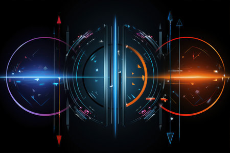 Edgy colorful neon design arrows, circles and geometrical shapes. Abstract modern background with vibrant gradients. Made with Generative AIの素材