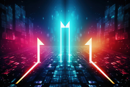 Arrows and geometrical shapes shining with neon lights. Abstract background with vibrant gradients. Made with Generative AIの素材