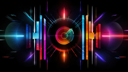 Edgy colorful neon design arrows, circles and geometrical shapes. Abstract modern background with vibrant gradients. Made with Generative AIの素材