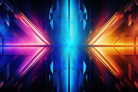 Arrows and geometrical shapes shining with neon lights. Abstract background with vibrant gradients. Made with Generative AIの素材