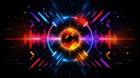 Edgy colorful neon design arrows, circles and geometrical shapes. Abstract modern background with vibrant gradients. Made with Generative AIの素材