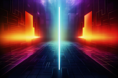 Arrows and geometrical shapes shining with neon lights. Abstract background with vibrant gradients. Made with Generative AIの素材