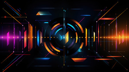 Edgy colorful neon design arrows, circles and geometrical shapes. Abstract modern background with vibrant gradients. Made with Generative AIの素材