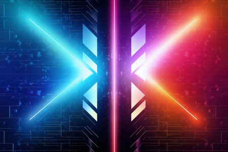Arrows and geometrical shapes shining with neon lights. Abstract background with vibrant gradients. Made with Generative AIの素材