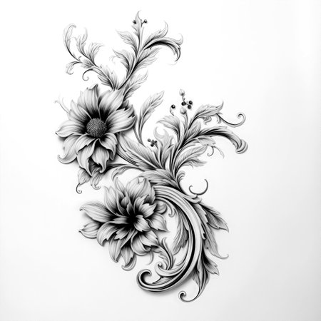 Black and white illustration of decorative flower bouquet. Filigree ornament. In sketch, ink tattoo style. Made with Generative AIの素材