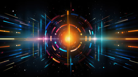 Edgy colorful neon design arrows, circles and geometrical shapes. Abstract modern background with vibrant gradients. Made with Generative AIの素材