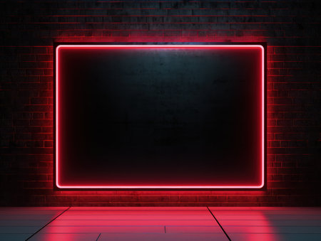 Red glowing neon frame on a brick wall. Modern, trending billboard mockup. Made with Generative AIの素材