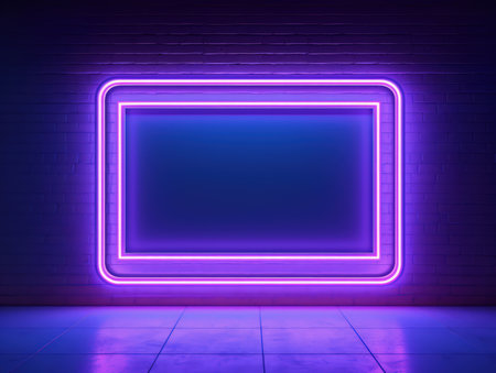 Blue, violet and pink glowing neon frame on a brick wall. Modern, trending billboard mockup. Made with Generative AIの素材