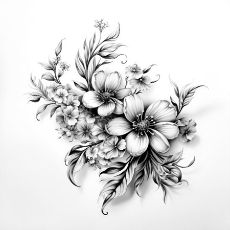 Black and white illustration of decorative flower bouquet. Filigree ornament. In sketch, ink tattoo style. Made with Generative AIの素材