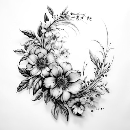 Black and white illustration of decorative flower bouquet. Filigree ornament. In sketch, ink tattoo style. Made with Generative AIの素材