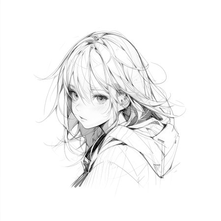 Black and white portrait of anime girl. Coloring pages, sketch. Made with Generative AIの素材