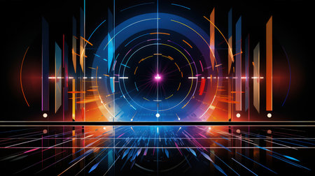 Edgy colorful neon design arrows, circles and geometrical shapes. Abstract modern background with vibrant gradients. Made with Generative AIの素材