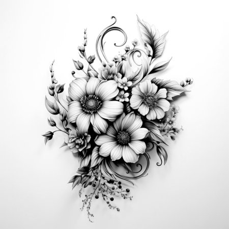 Black and white illustration of decorative flower bouquet. Filigree ornament. In sketch, ink tattoo style. Made with Generative AIの素材