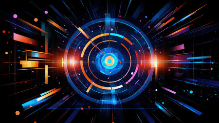 Edgy colorful neon design arrows, circles and geometrical shapes. Abstract modern background with vibrant gradients. Made with Generative AIの素材