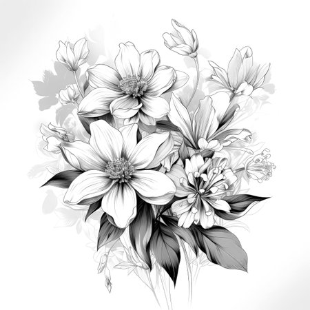 Black and white illustration of decorative flower bouquet. In sketch, ink tattoo style. Made with Generative AIの素材