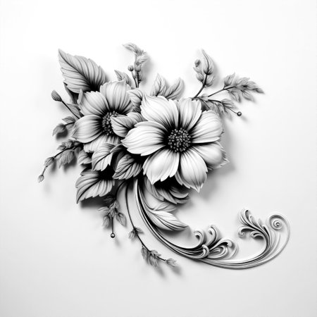 Black and white illustration of decorative flower bouquet. Filigree ornament. In sketch, ink tattoo style. Made with Generative AIの素材