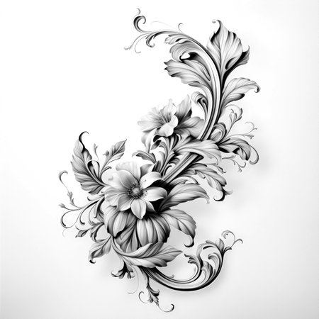 Black and white illustration of decorative flower bouquet. Filigree ornament. In sketch, ink tattoo style. Made with Generative AIの素材