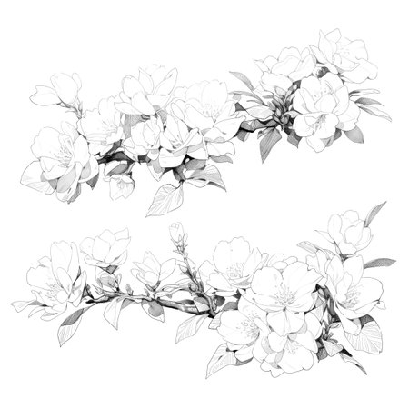 Black and white illustration of decorative flower bouquet. In sketch, ink tattoo style. Made with Generative AIの素材