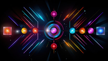Edgy colorful neon design arrows, circles and geometrical shapes. Abstract modern background with vibrant gradients. Made with Generative AIの素材